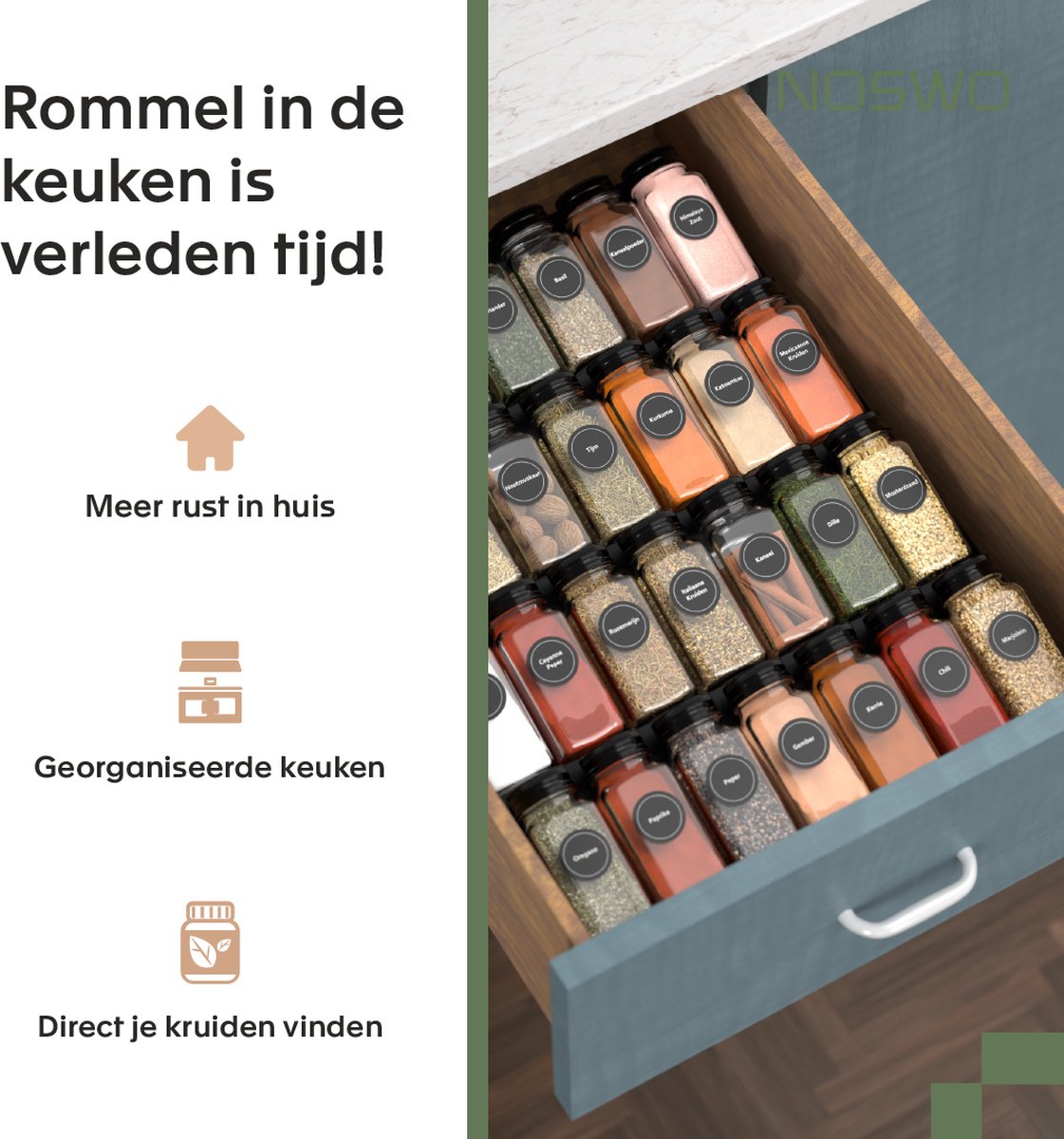 Kruidenrek met Lade – 28 Glazen Potjes – Inclusief Trekbak