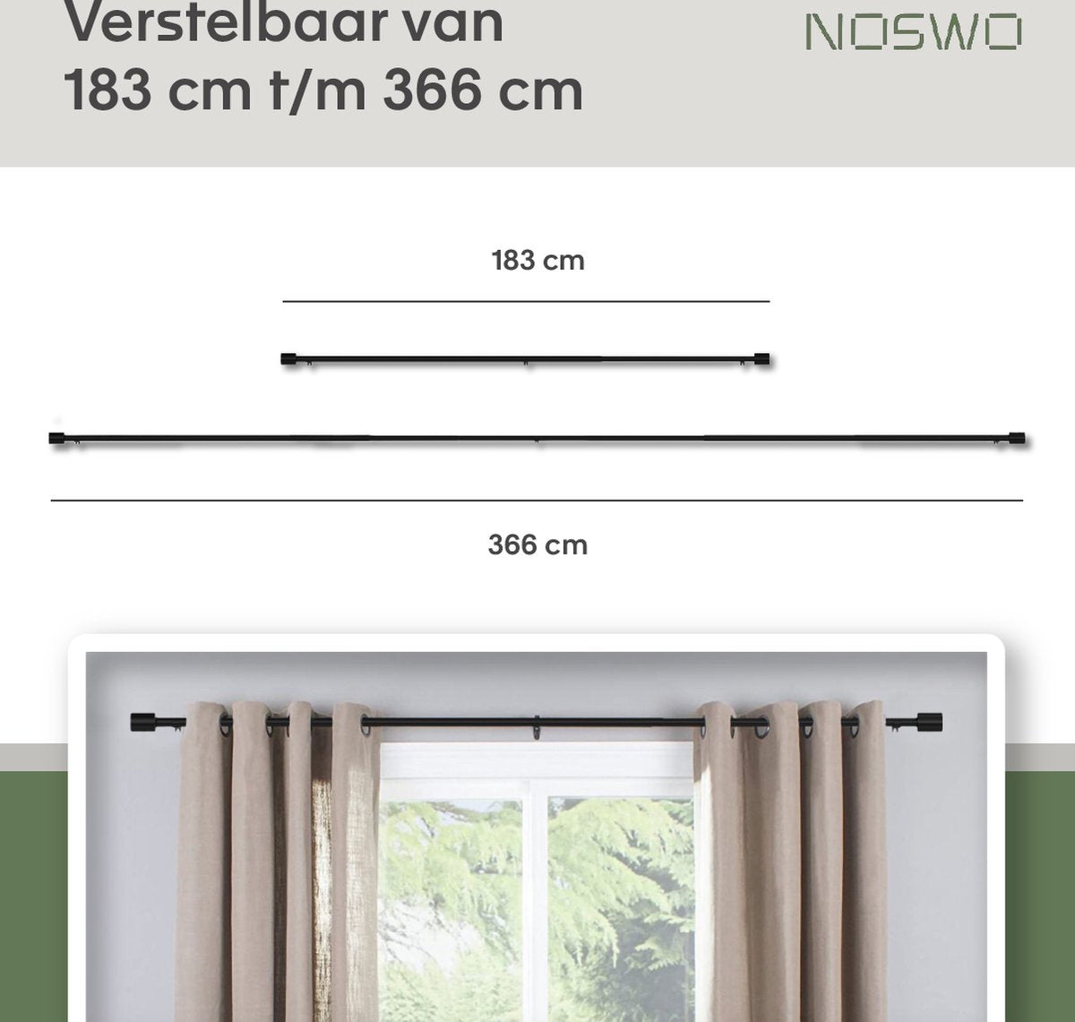 Uitschuifbare Gordijnroede 183–366 cm – Zwart Metaal