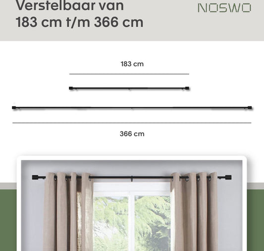 Uitschuifbare Gordijnroede 183–366 cm – Zwart Metaal