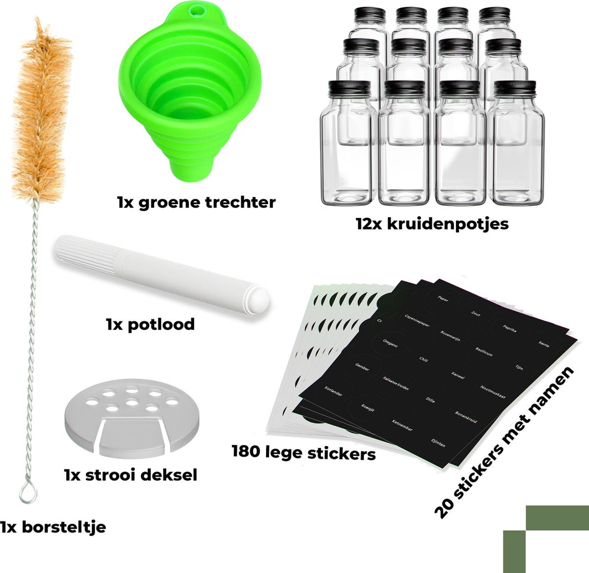Set van 12 Glazen Kruidenpotjes met Deksel & Labels