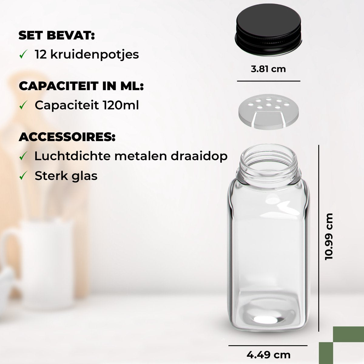 Set van 12 Glazen Kruidenpotjes met Deksel & Labels