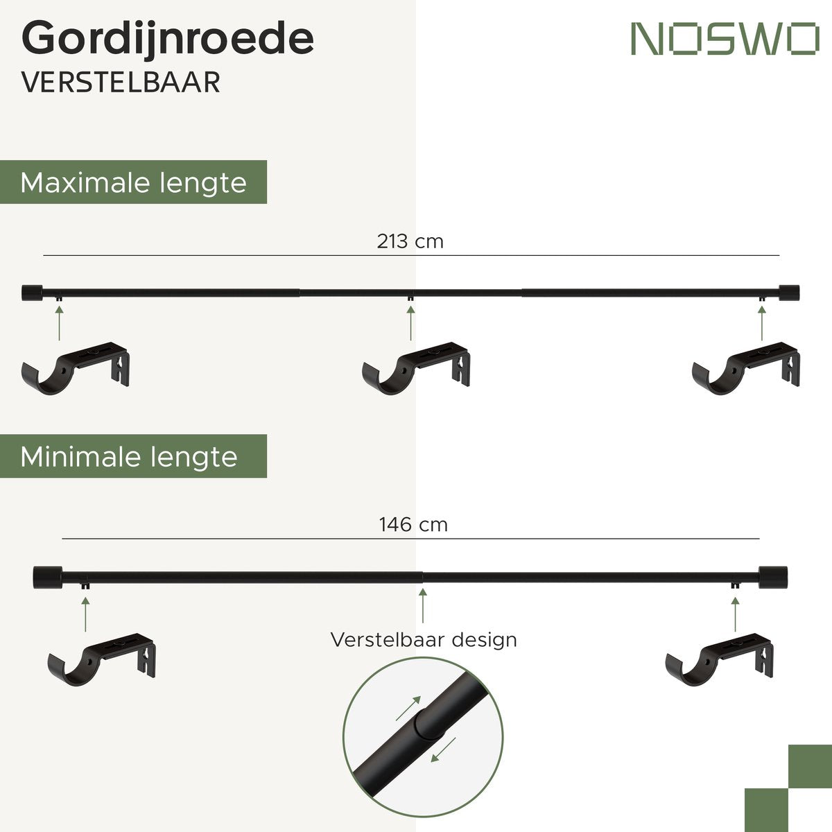 Uitschuifbare Gordijnroede – 143–213 cm – Zwart