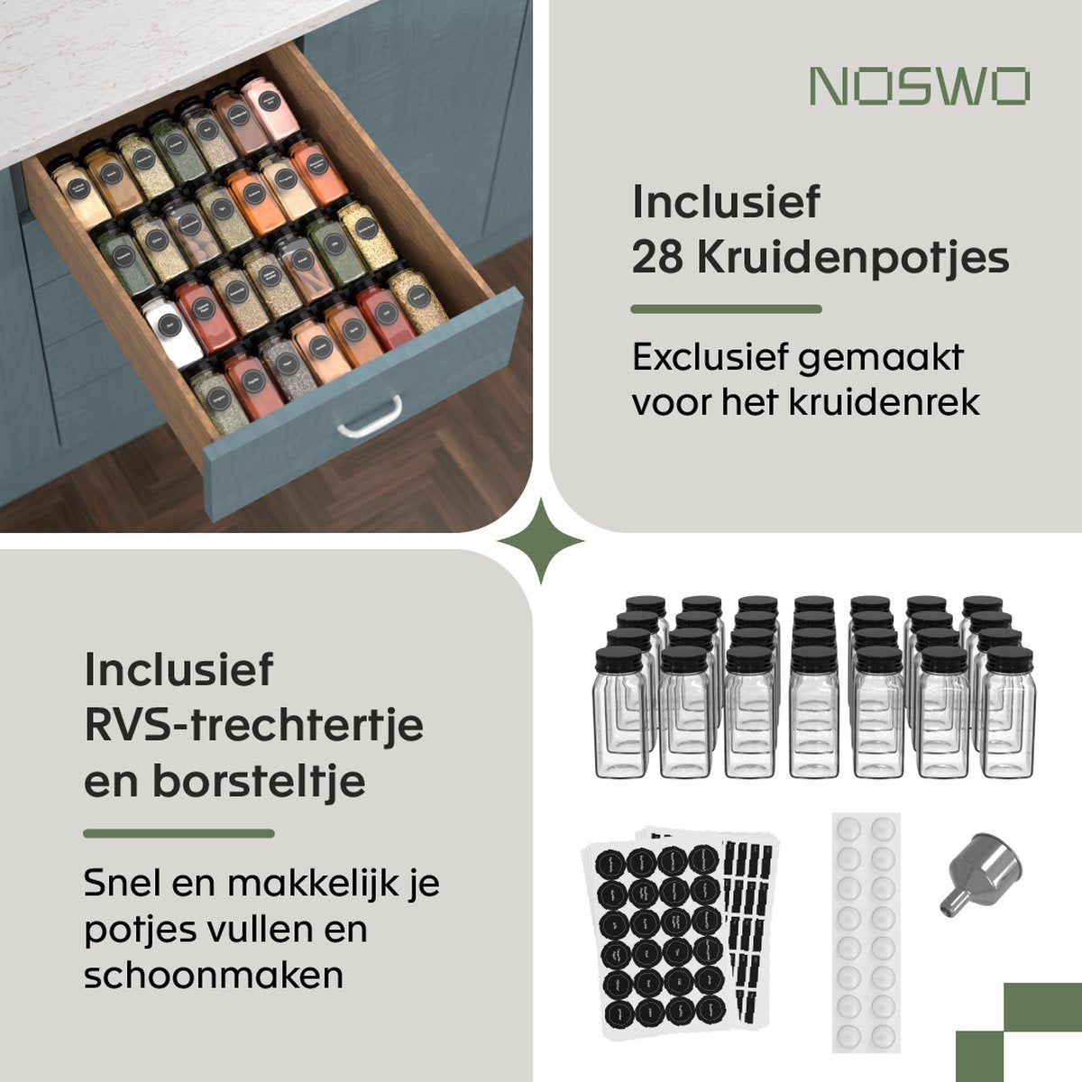 Kruidenrek met Lade – 28 Glazen Potjes – Inclusief Trekbak