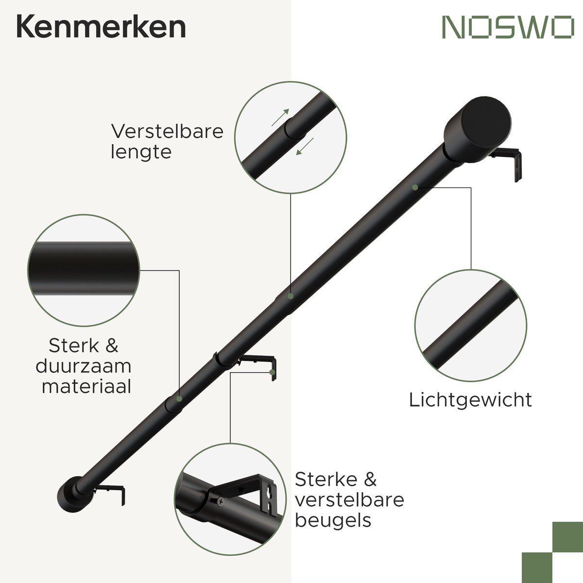 Uitschuifbare Gordijnroede – 143–213 cm – Zwart