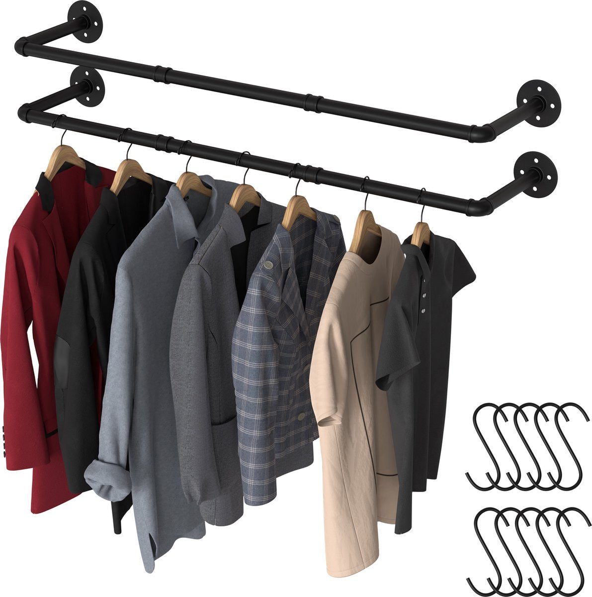 Wandmontage Kledingstang – 2-Laags – Industrieel Zwart