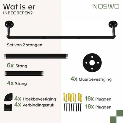 Wandmontage Kledingstang – 2-Laags – Industrieel Zwart