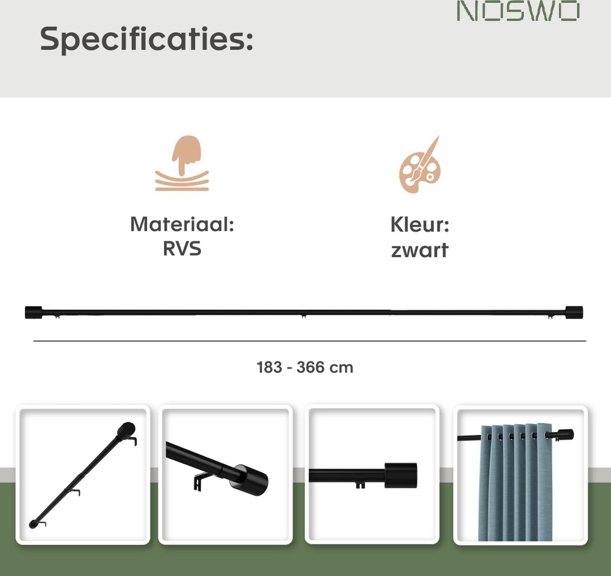 Uitschuifbare Gordijnroede 183–366 cm – Zwart Metaal