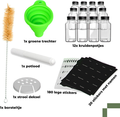 Set van 12 Glazen Kruidenpotjes met Deksel & Labels