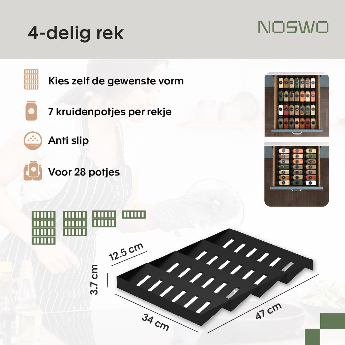 Kruidenrek Lade 4-Laags – 28 RVS Potjes – Keuken Organizer