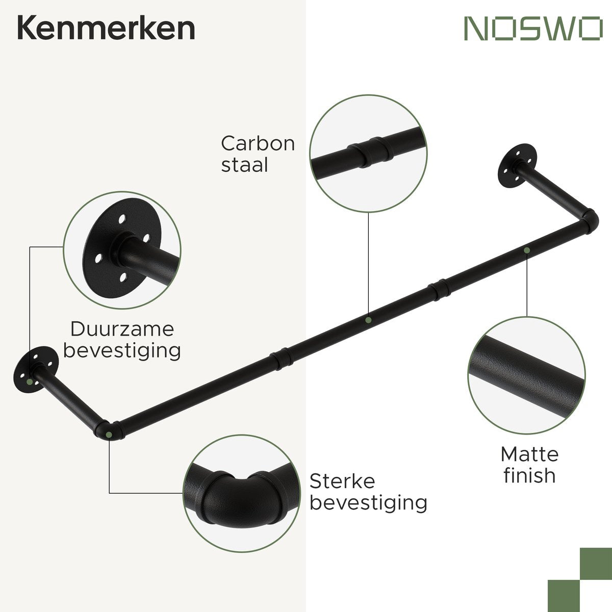 Wand Kledingstang – 80 cm – Industrieel Zwart