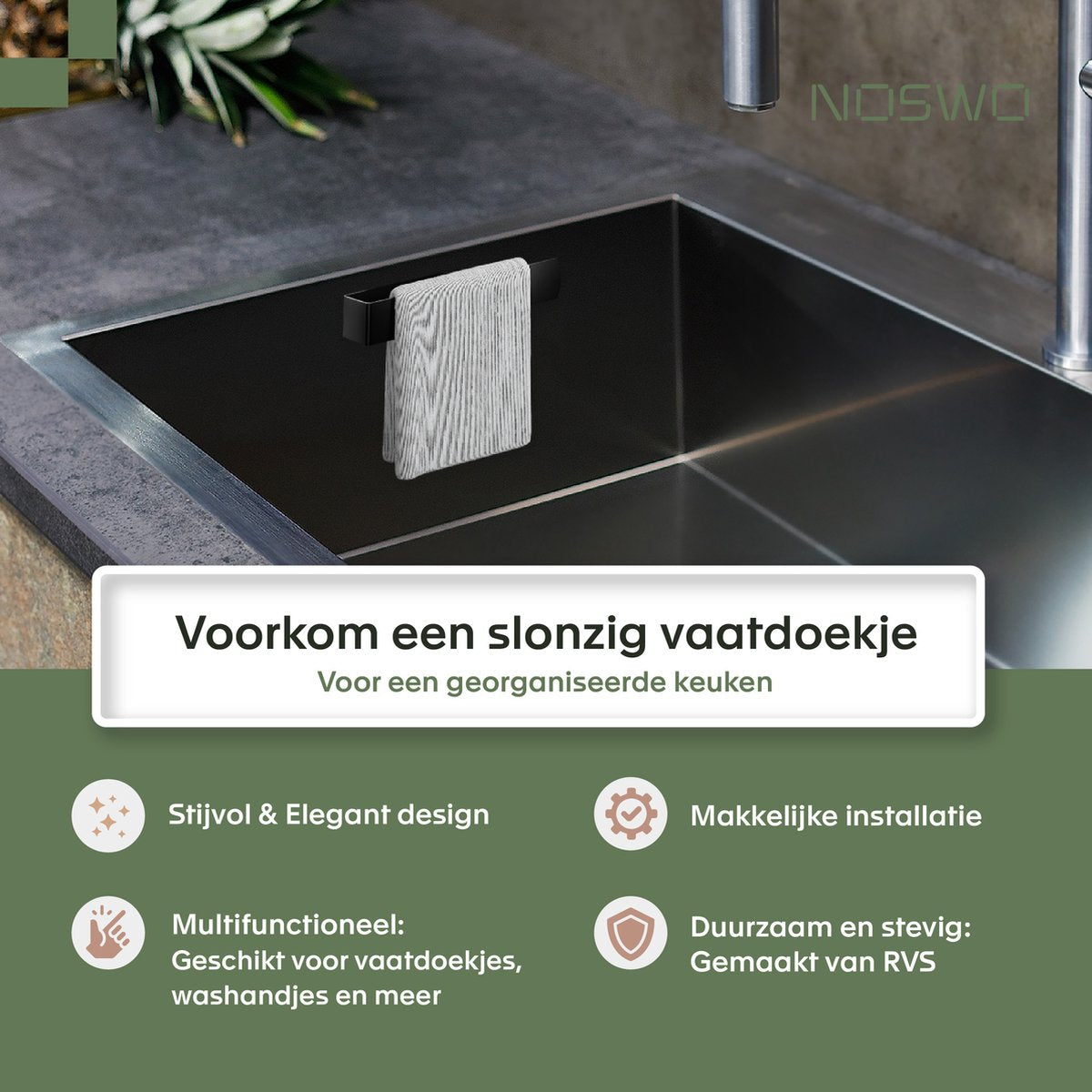 Vaatdoekhouder RVS Zwart – Zelfklevend – Keuken Organizer