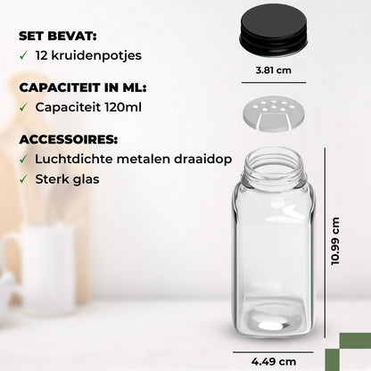 Set van 12 Glazen Kruidenpotjes met Deksel & Labels