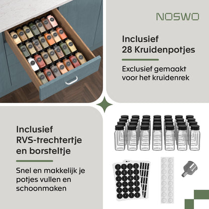 Kruidenrek met Lade – 28 Glazen Potjes – Inclusief Trekbak