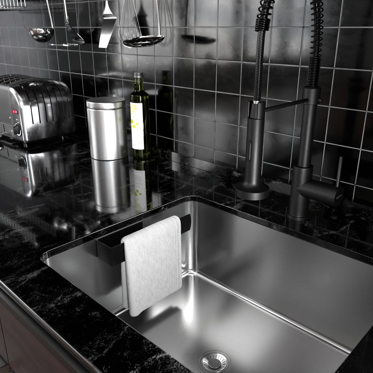 Vaatdoekhouder RVS Zwart – Zelfklevend – Keuken Organizer